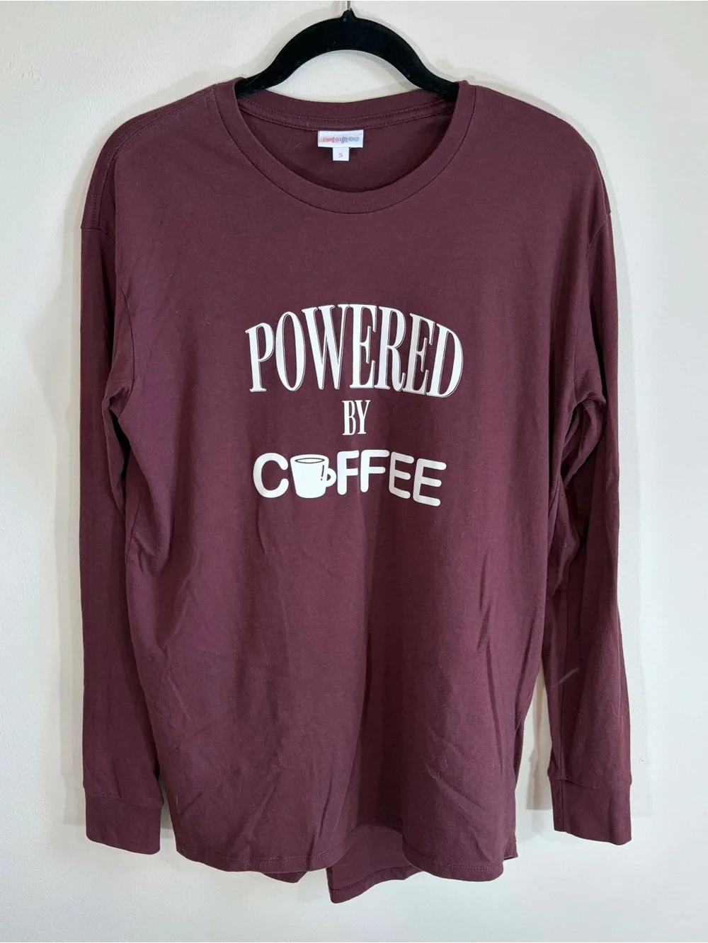LuLaRoe Hudson Long Sleeve Tee Small “Powered by Coffee” Graphic Super Soft - Picture 2 of 7